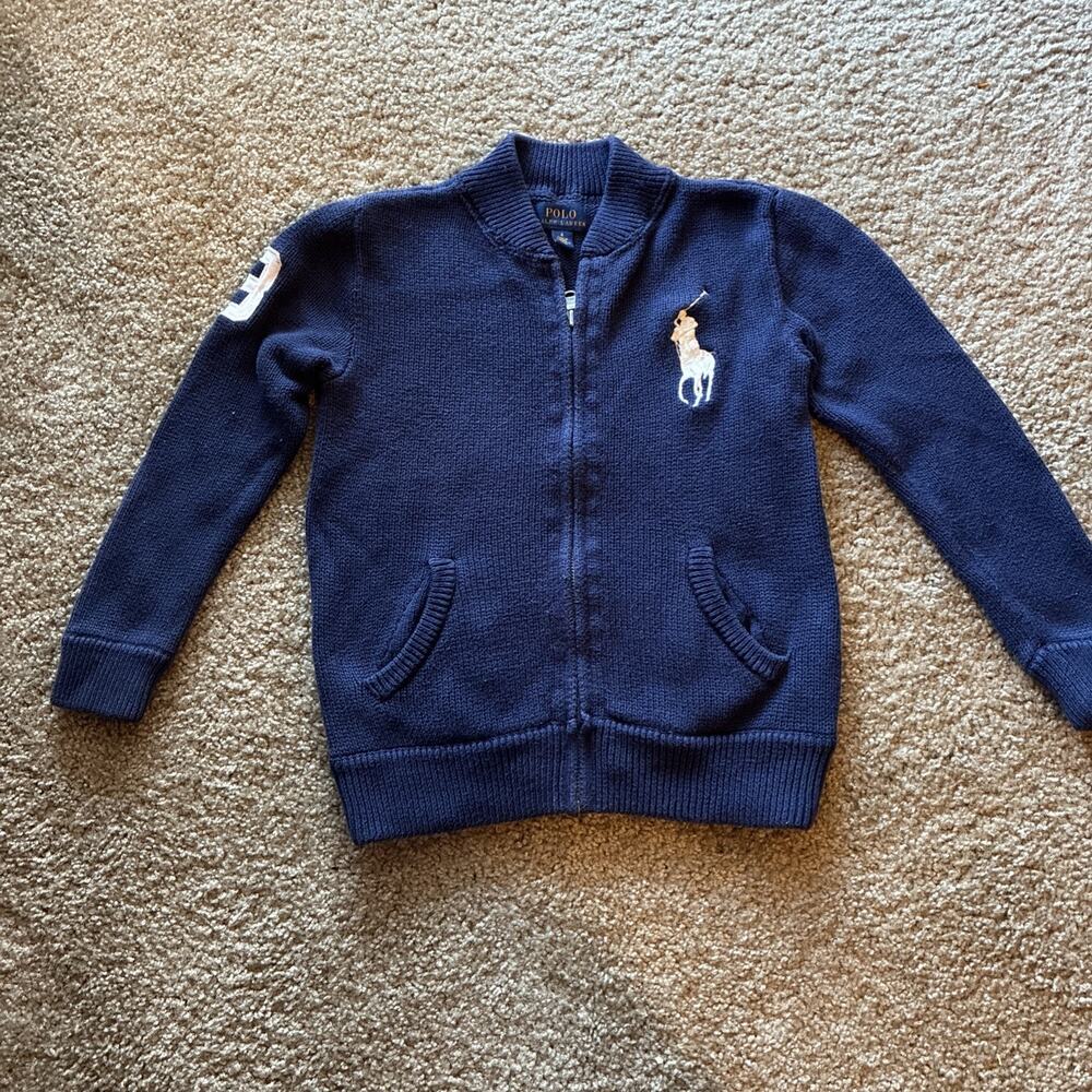 Ralph Lauren Polo BIG PONY Full Zip Sweater Jacket NAVY/WHITE Boys SMALL (6) EUC